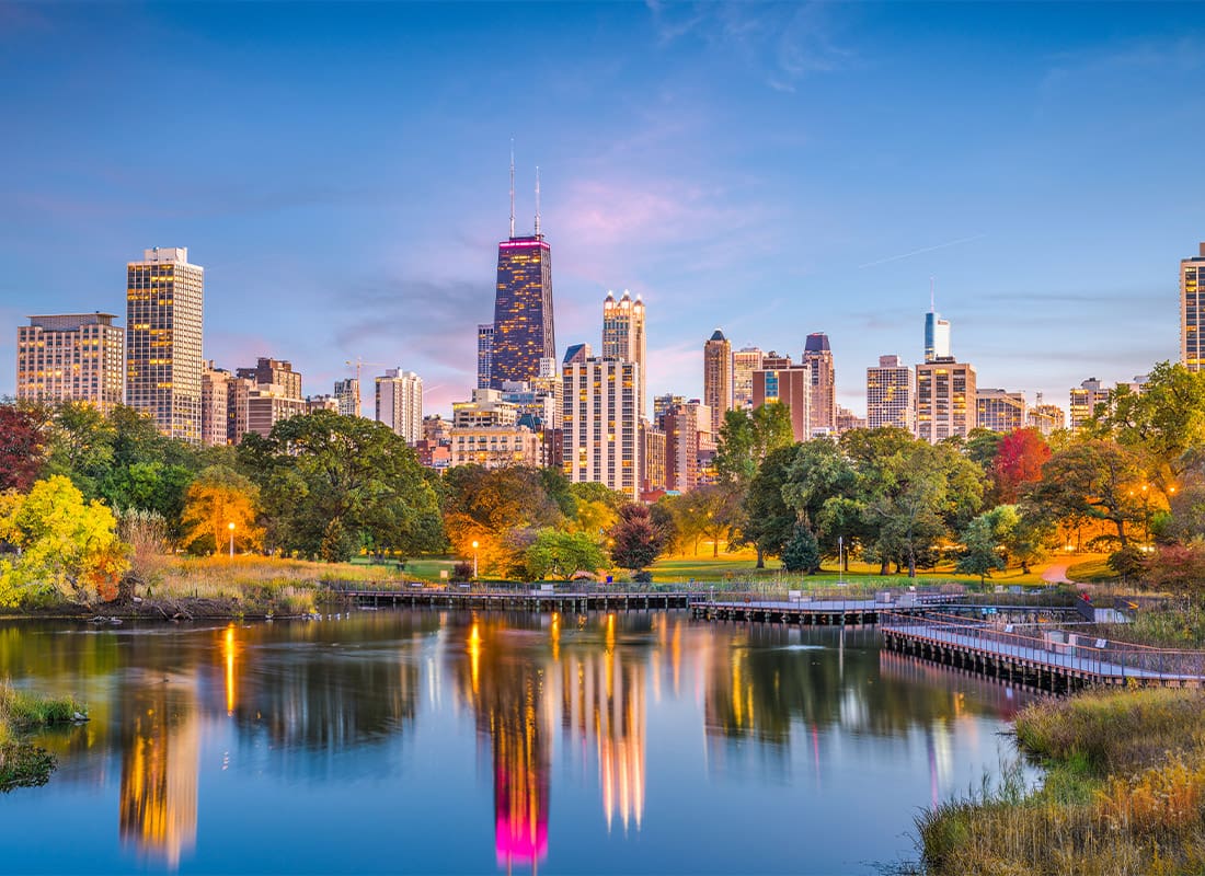 Chicago, IL - Illinois SKyline in Lincoln Park, Chicago During Sunset
